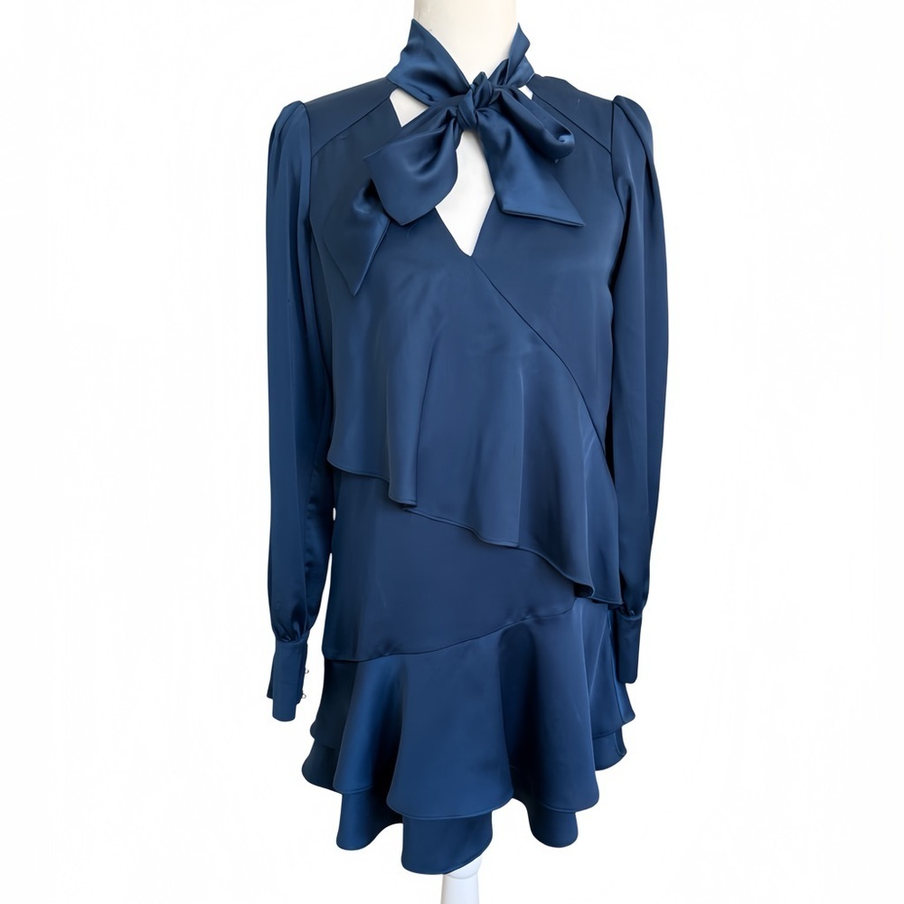 Parker Navy Blue Satin Mini Dress XS Tie Neck Long Sleeve Cascading Ruffle Hem - Picture 2 of 16